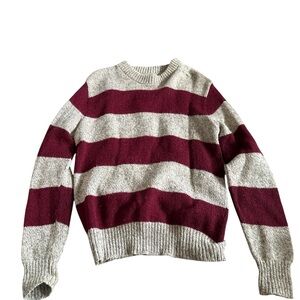 L.L. Bean Vintage Rugby Wool Burgundy and Tan Striped Crewneck Sweater Size M